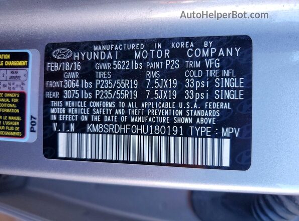 KM8SRDHF0HU180191 2017 HYUNDAI SANTA Gray 