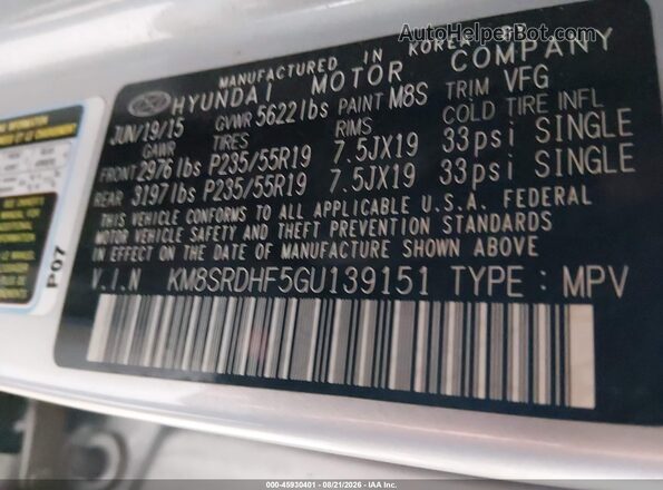 KM8SRDHF5GU139151 2016 HYUNDAI SANTA FE Silver Вид підкапотного простору
