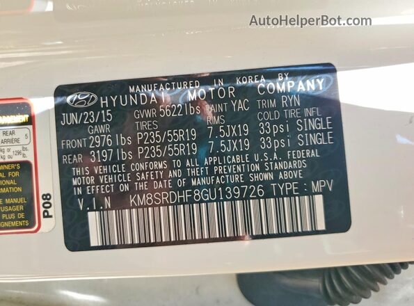 KM8SRDHF8GU139726 2016 HYUNDAI SANTA White Widok naklejki z numerem VIN