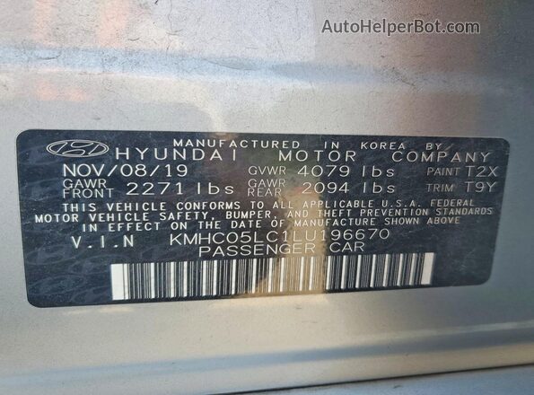 KMHC05LC1LU196670 2020 HYUNDAI IONIQ Silver Widok naklejki z numerem VIN