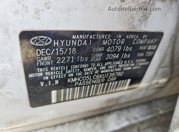 KMHC05LC6KU138780 2019 HYUNDAI IONIQ White Սալոնի 360 աստիճան տեսք
