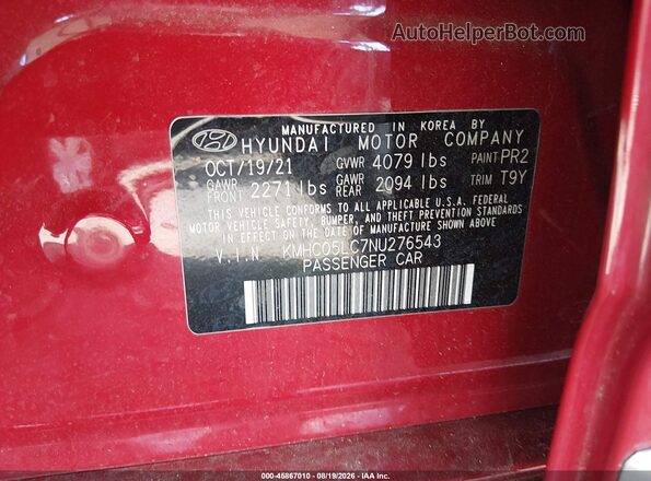 KMHC05LC7NU276543 2022 HYUNDAI IONIQ HYBRID Red Вид підкапотного простору