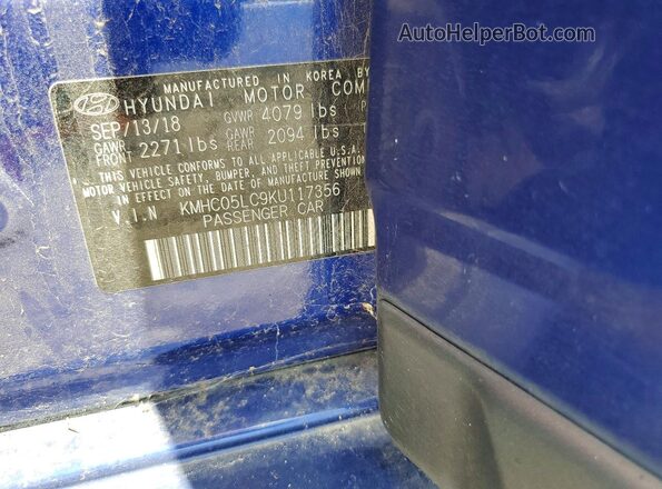 KMHC05LC9KU117356 2019 HYUNDAI IONIQ Синий Вид наклейки с VIN-кодом