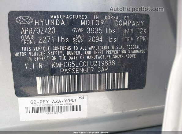 KMHC65LC0LU219838 2020 HYUNDAI IONIQ HYBRID Silver Вид підкапотного простору