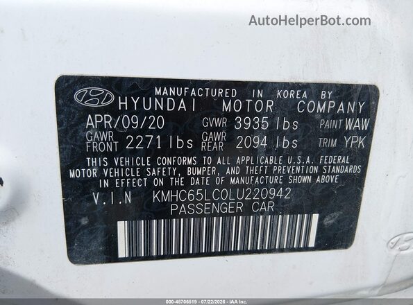 KMHC65LC0LU220942 2020 HYUNDAI IONIQ HYBRID White Շարժիչի բաժամունքի տեսք