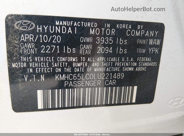 KMHC65LC0LU221489 2020 HYUNDAI IONIQ HYBRID White Вид підкапотного простору