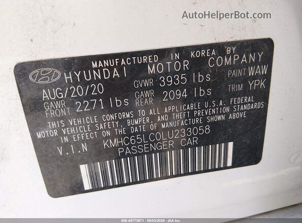 KMHC65LC0LU233058 2020 HYUNDAI IONIQ HYBRID White Engine compartment view