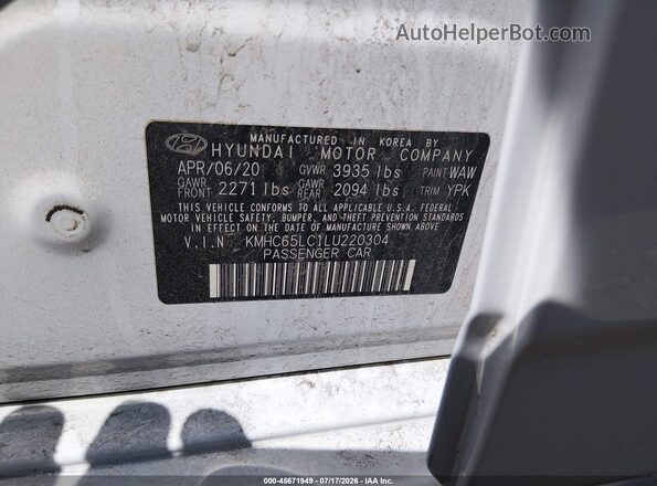 KMHC65LC1LU220304 2020 HYUNDAI IONIQ HYBRID White Շարժիչի բաժամունքի տեսք