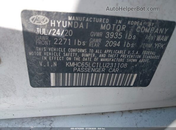 KMHC65LC1LU231108 2020 HYUNDAI IONIQ HYBRID Белый Вид подкапотного пространства