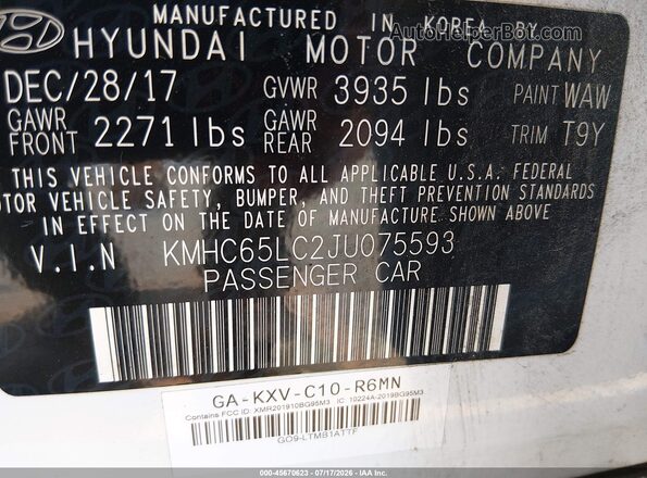 KMHC65LC2JU075593 2018 HYUNDAI IONIQ HYBRID White ძრავის განყოფილების ხედი