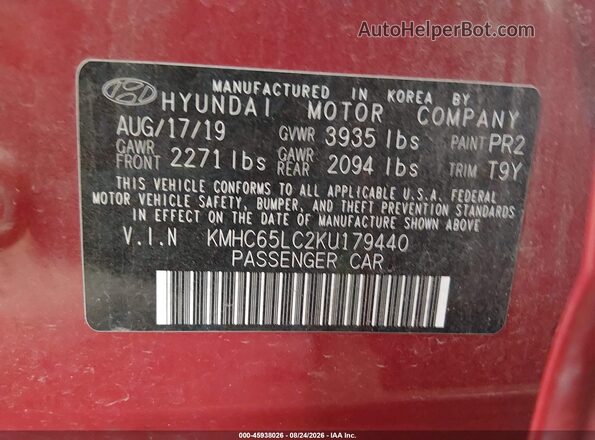 KMHC65LC2KU179440 2019 HYUNDAI IONIQ HYBRID Red Widok komory silnika