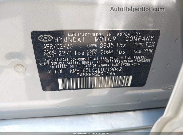 KMHC65LC2LU219842 2020 HYUNDAI IONIQ HYBRID Silver Engine compartment view