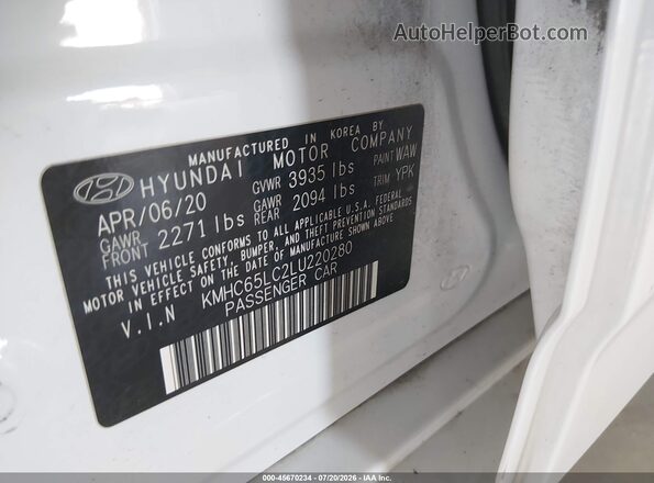 KMHC65LC2LU220280 2020 HYUNDAI IONIQ HYBRID White ძრავის განყოფილების ხედი