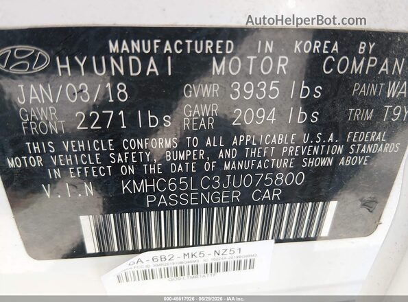 KMHC65LC3JU075800 2018 HYUNDAI IONIQ HYBRID White Вид підкапотного простору