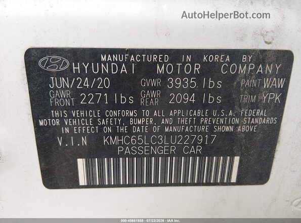 KMHC65LC3LU227917 2020 HYUNDAI IONIQ HYBRID White ძრავის განყოფილების ხედი