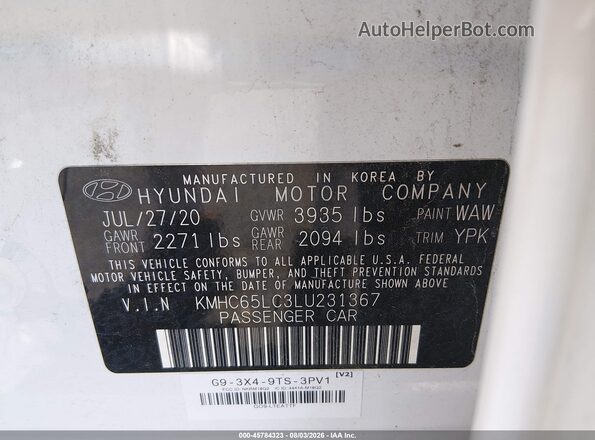 KMHC65LC3LU231367 2020 HYUNDAI IONIQ HYBRID White Շարժիչի բաժամունքի տեսք