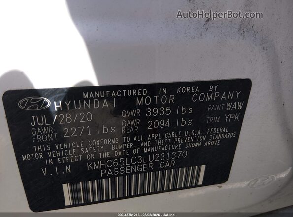KMHC65LC3LU231370 2020 HYUNDAI IONIQ HYBRID White Vista del compartimento del motor