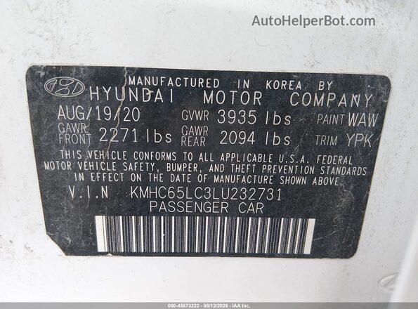KMHC65LC3LU232731 2020 HYUNDAI IONIQ HYBRID White Вид підкапотного простору