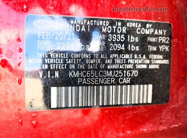 KMHC65LC3MU251670 2021 HYUNDAI IONIQ Красный Вид наклейки с VIN-кодом