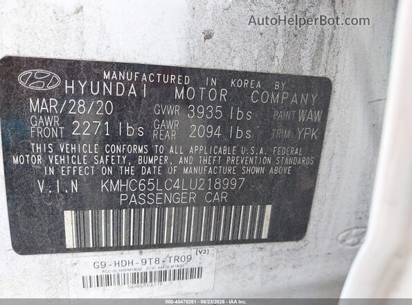 KMHC65LC4LU218997 2020 HYUNDAI IONIQ HYBRID White Շարժիչի բաժամունքի տեսք