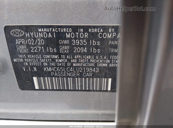 KMHC65LC4LU219843 2020 HYUNDAI IONIQ HYBRID Silver ძრავის განყოფილების ხედი