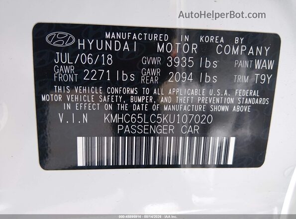 KMHC65LC5KU107020 2019 HYUNDAI IONIQ HYBRID White Vista del compartimento del motor