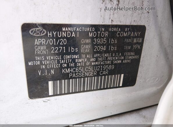 KMHC65LC5LU219589 2020 HYUNDAI IONIQ HYBRID White Vista del compartimento del motor