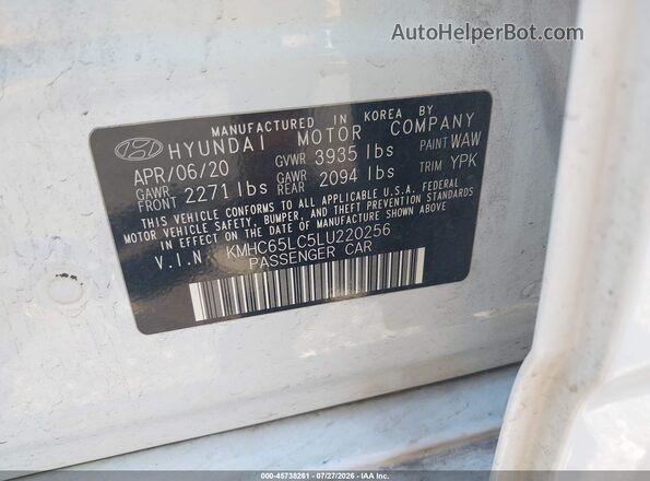 KMHC65LC5LU220256 2020 HYUNDAI IONIQ HYBRID White Շարժիչի բաժամունքի տեսք