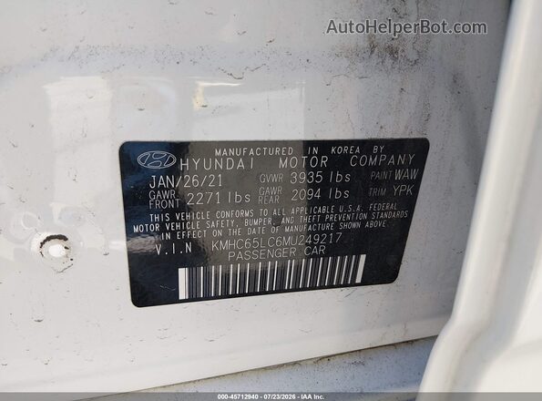 KMHC65LC6MU249217 2021 HYUNDAI IONIQ HYBRID White ძრავის განყოფილების ხედი