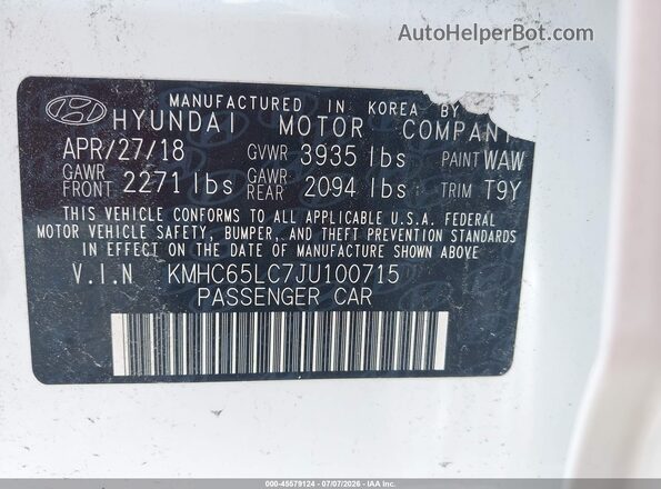 KMHC65LC7JU100715 2018 HYUNDAI IONIQ HYBRID White Вид підкапотного простору