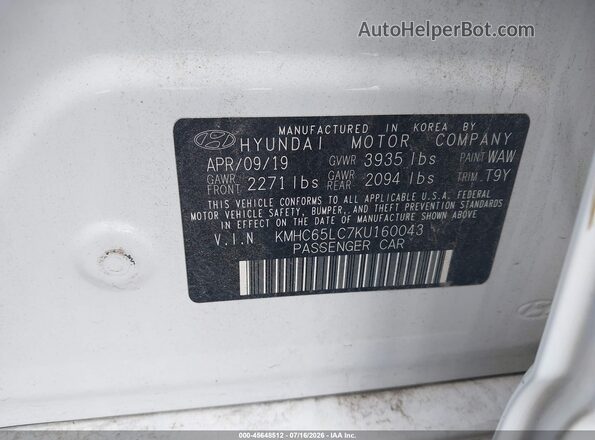 KMHC65LC7KU160043 2019 HYUNDAI IONIQ HYBRID White Շարժիչի բաժամունքի տեսք
