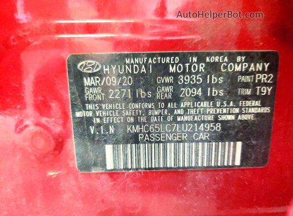 KMHC65LC7LU214958 2020 HYUNDAI IONIQ Red Widok naklejki z numerem VIN