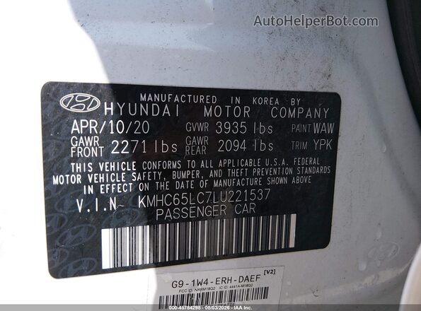KMHC65LC7LU221537 2020 HYUNDAI IONIQ HYBRID White Engine compartment view