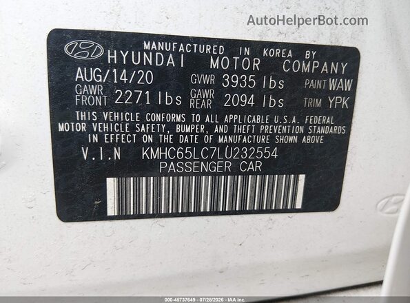 KMHC65LC7LU232554 2020 HYUNDAI IONIQ HYBRID White ძრავის განყოფილების ხედი