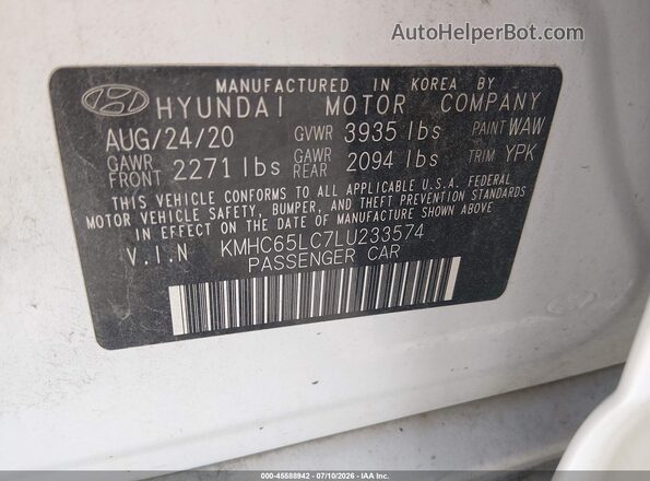 KMHC65LC7LU233574 2020 HYUNDAI IONIQ HYBRID White Вид наклейки з VIN-кодом