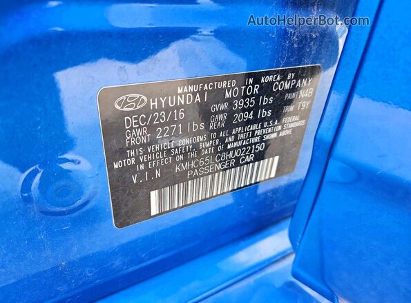 KMHC65LC8HU022150 2017 HYUNDAI IONIQ Синий Вид наклейки с VIN-кодом