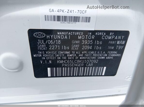 KMHC65LC8KU107092 2019 HYUNDAI IONIQ HYBRID White Widok komory silnika