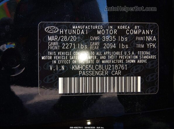 KMHC65LC8LU218761 2020 HYUNDAI IONIQ HYBRID Black ძრავის განყოფილების ხედი