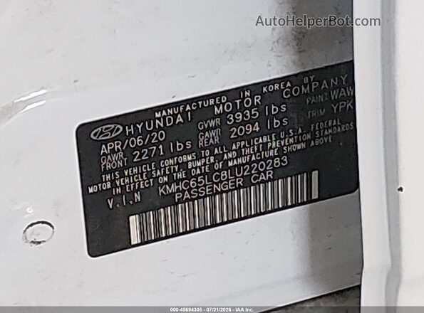 KMHC65LC8LU220283 2020 HYUNDAI IONIQ HYBRID White Widok komory silnika