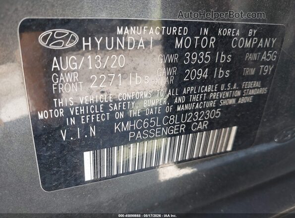 KMHC65LC8LU232305 2020 HYUNDAI IONIQ HYBRID Gray Vista del compartimento del motor