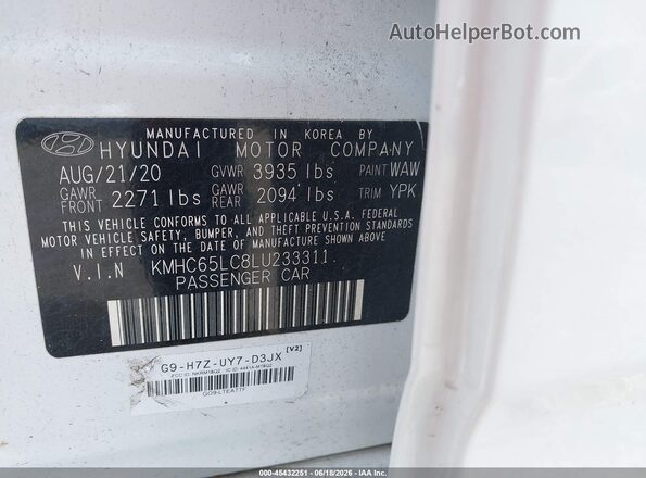 KMHC65LC8LU233311 2020 HYUNDAI IONIQ HYBRID White Engine compartment view