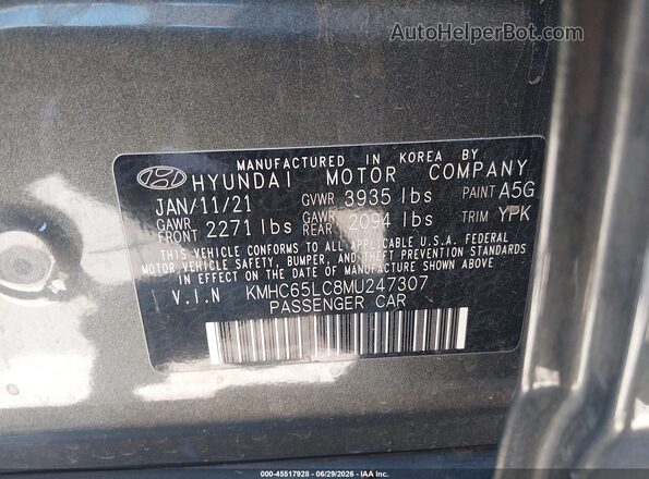 KMHC65LC8MU247307 2021 HYUNDAI IONIQ HYBRID Gray Вид підкапотного простору