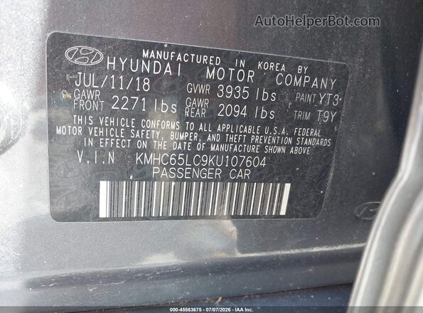 KMHC65LC9KU107604 2019 HYUNDAI IONIQ HYBRID Gray Շարժիչի բաժամունքի տեսք