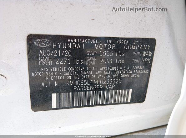KMHC65LC9LU233320 2020 HYUNDAI IONIQ HYBRID White ძრავის განყოფილების ხედი
