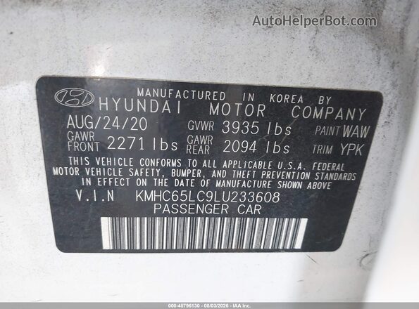 KMHC65LC9LU233608 2020 HYUNDAI IONIQ HYBRID White Вид підкапотного простору