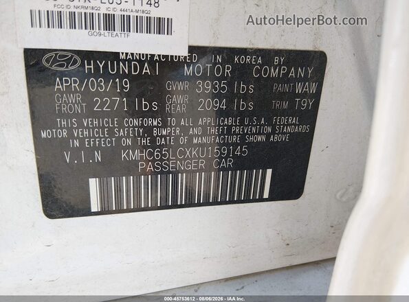 KMHC65LCXKU159145 2019 HYUNDAI IONIQ HYBRID White Вид підкапотного простору