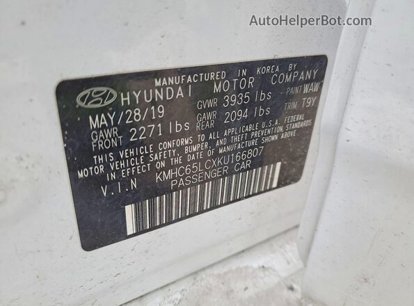 KMHC65LCXKU166807 2019 HYUNDAI IONIQ White VIN sticker view