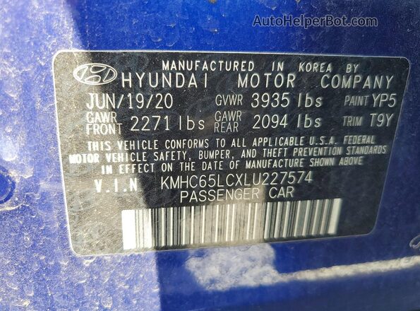 KMHC65LCXLU227574 2020 HYUNDAI IONIQ Синий Вид наклейки с VIN-кодом