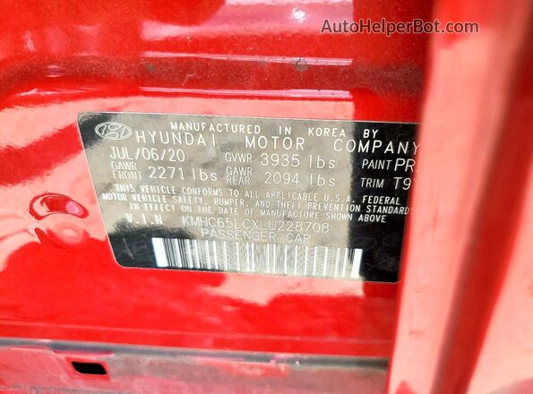 KMHC65LCXLU228708 2020 HYUNDAI IONIQ Red Vista de la etiqueta del VIN