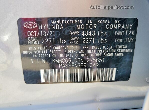 KMHC65LD6NU275651 2022 HYUNDAI IONIQ Серебряный Вид наклейки с VIN-кодом